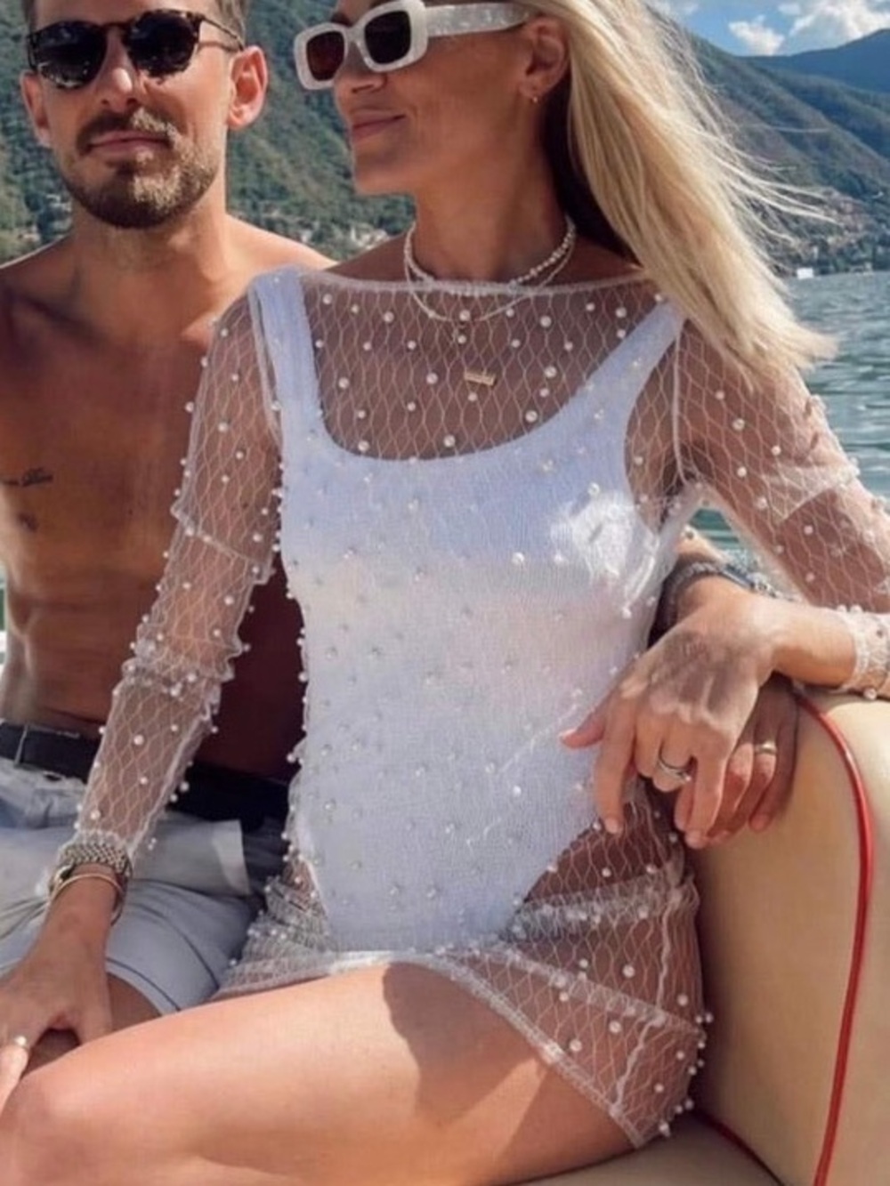 White Sheer Pearl Embellished Mini Dress/Bathing Suit Cover Up/Bachelorette Wear